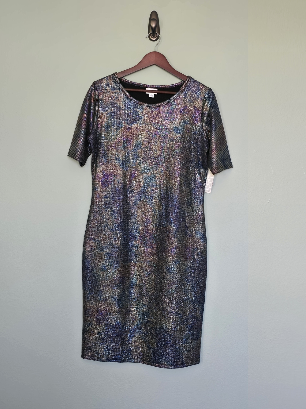 LuLaRoe Metallic Multi-Color Sheath Dress — Blue, Purple, Silver